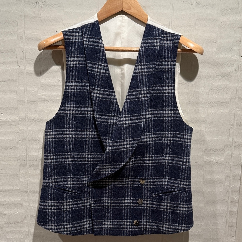 Suitsupply Navy|White Plaid Cardigan Lapel, Double Breasted Waistcoat 38/48 R